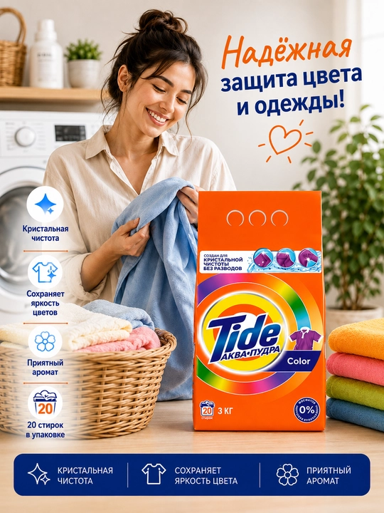 Tide Akva Pudra Color kir yuvish kukuni 3 kg - rangli kiyimlar uchun