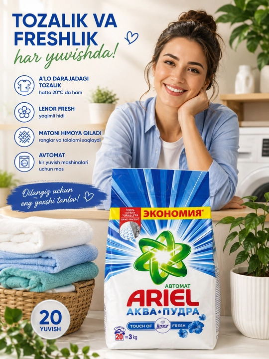 Ariel Akva kir yuvish kukuni Touch of Lenor Fresh kukuni 3 kg - 