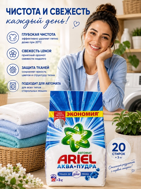Ariel Akva kir yuvish kukuni Touch of Lenor Fresh kukuni 3 kg