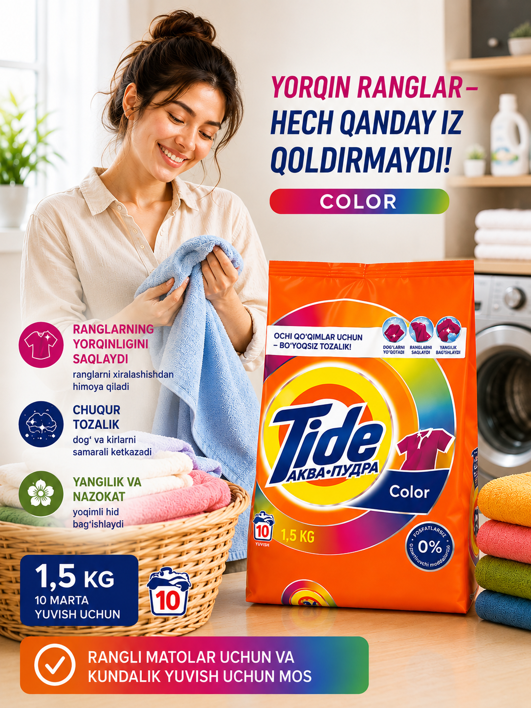 Tide Akvapudra Color — rangli kiyimlar uchun kir yuvish kukuni, 1,5 kg