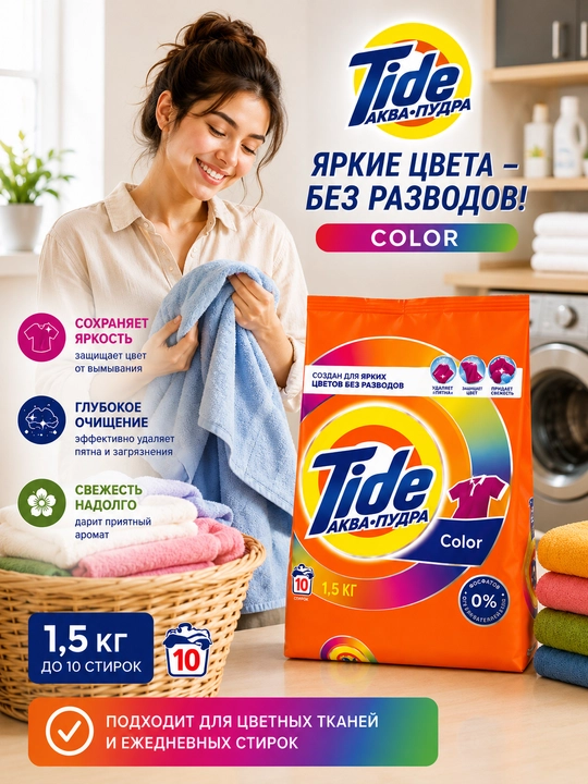 Tide Akvapudra Color — rangli kiyimlar uchun kir yuvish kukuni, 1,5 kg - 