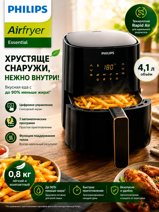 Аэрогриль Philips Airfryer Essential, 4,1 л и 6,2 л, 7 программ - 