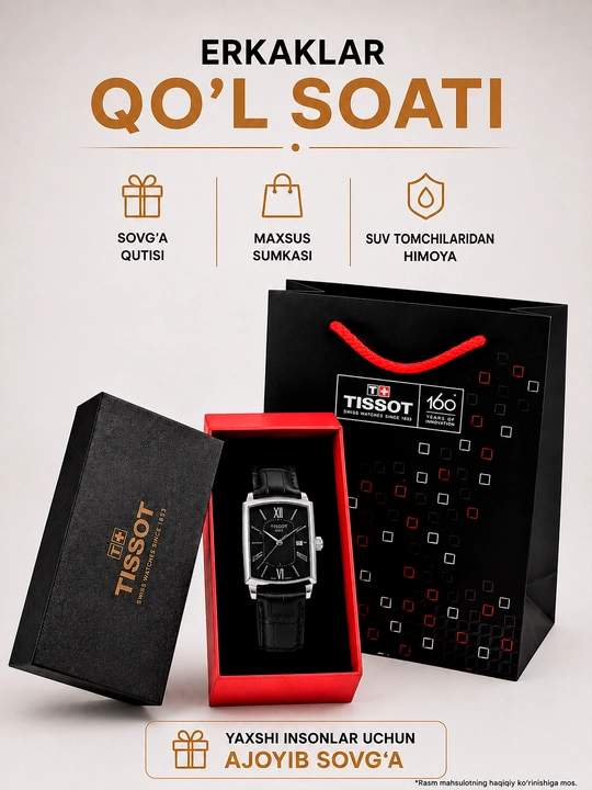 Tissot erkaklar qo‘l soati, klassik dizayn, charm remeshok, sovg'a qutisida va paketi bilan - 