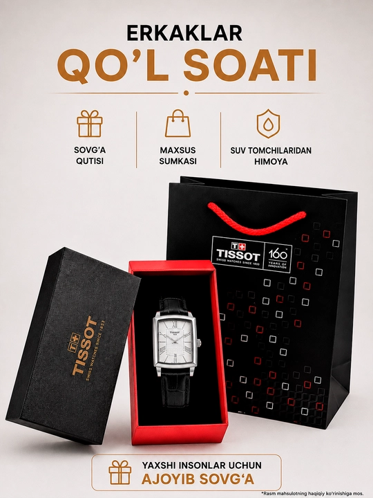 Tissot erkaklar qo‘l soati, klassik dizayn, charm remeshok, sovg'a qutisida va paketi bilan - 