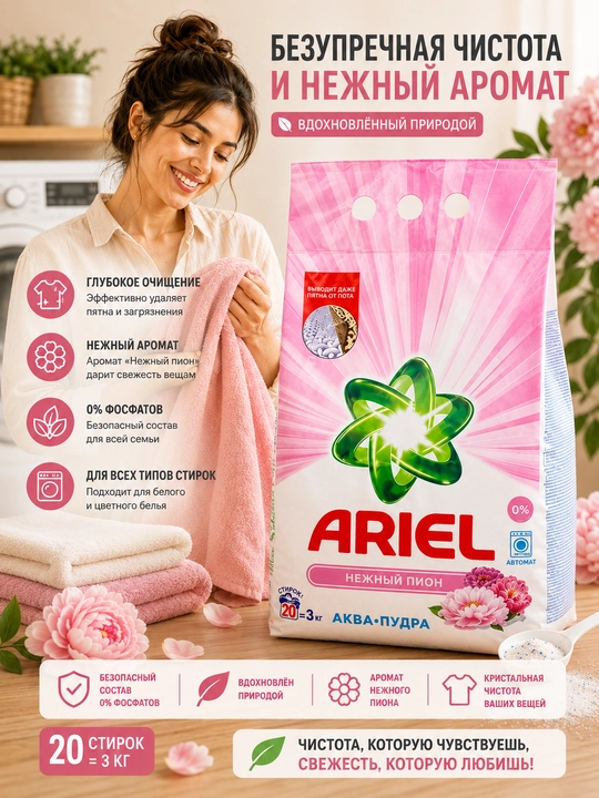 Ariel Akva Pudra, Nozik pion, kir yuvish kukuni, avtomat, rangli kiyimlar uchun, 3 kg - 