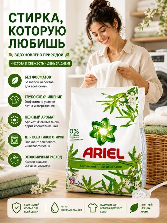 Ariel avtomat kir yuvish kukuni, bahor ifori, oq va rangli kiyimlar uchun, 3 kg