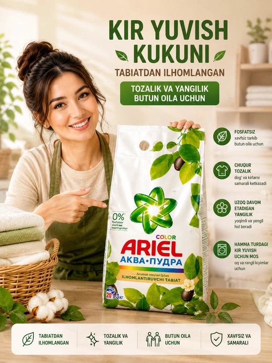 Ariel kir yuvish kukuni avtomat oq va rangli kiyimlar uchun bahor ifori, 3 kg - 