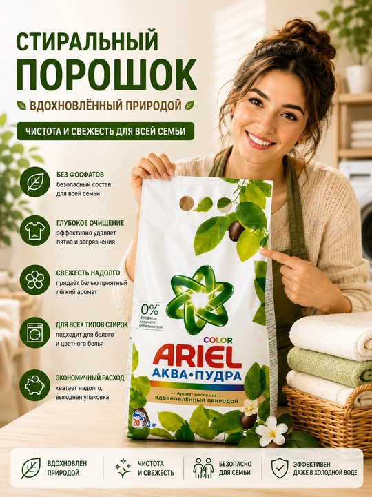 Ariel kir yuvish kukuni avtomat oq va rangli kiyimlar uchun bahor ifori, 3 kg