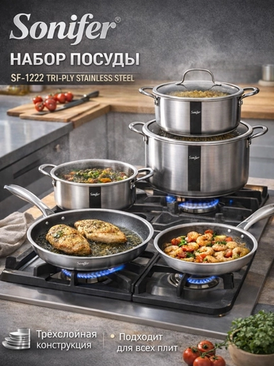 Набор посуды Sonifer SF-1222, из нержавеющей стали, кастрюли разного объёма - 