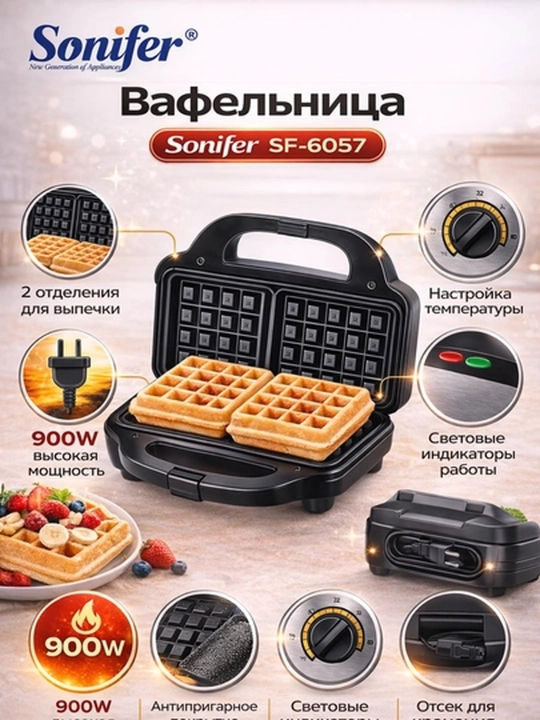 Вафельница , вафельный аппарат, сэндвичница, тостер Sonifer SF-6057, 900W