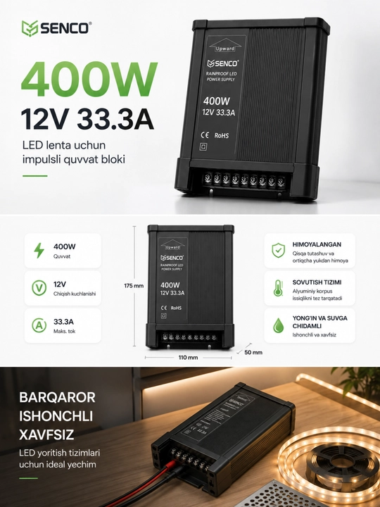 Блок питания SENCO 400W 12V 33.3A, импульсный блок для светодиодной LED ленты