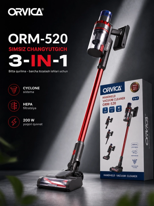 Changyutgich ORVICA ORM-519, simsiz vertikal va qo‘l changyutgich, 3 in 1, uy uchun
