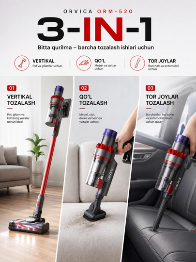 Changyutgich ORVICA ORM-519, simsiz vertikal va qo‘l changyutgich, 3 in 1, uy uchun