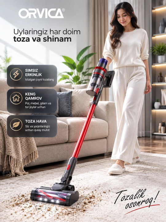 Changyutgich ORVICA ORM-519, simsiz vertikal va qo‘l changyutgich, 3 in 1, uy uchun