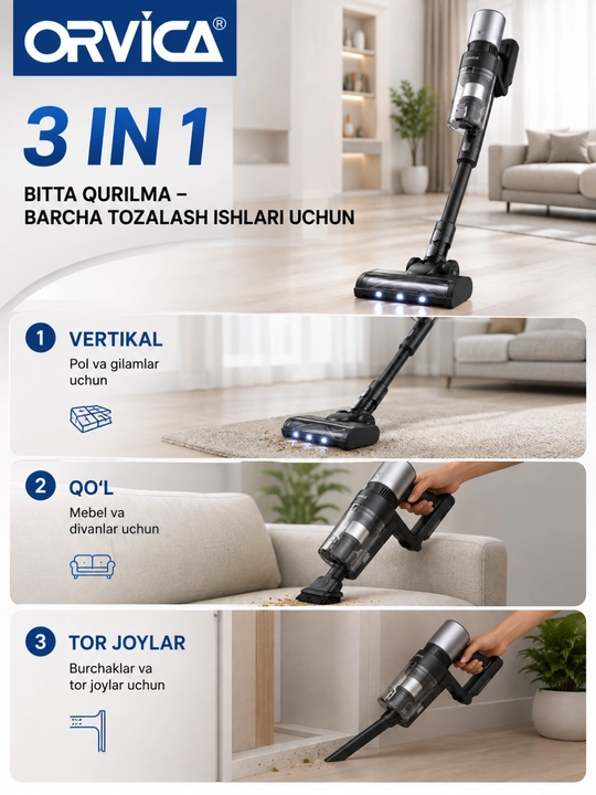 Changyutgich ORVICA ORM-519, simsiz vertikal va qo‘l changyutgich, 3 in 1, uy uchun