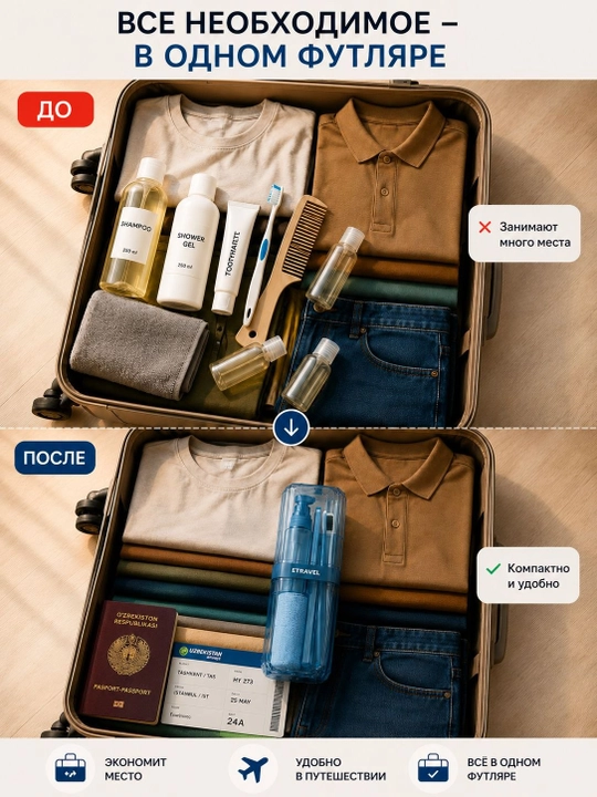 Sayohat uchun kosmetichka. Barcha aksessuar bir idishda jamlangan travel kosmetichka nabor