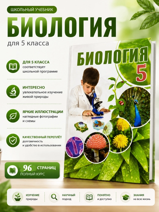 Biologiya 5-sinf, rangli, A5 formatda, rus tilida - 