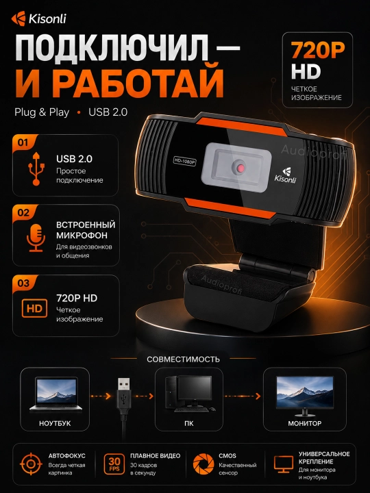 Веб-камера с микрофоном для компьютера и ноутбука Kisonli, 480p, 720p, 1080p, 2K