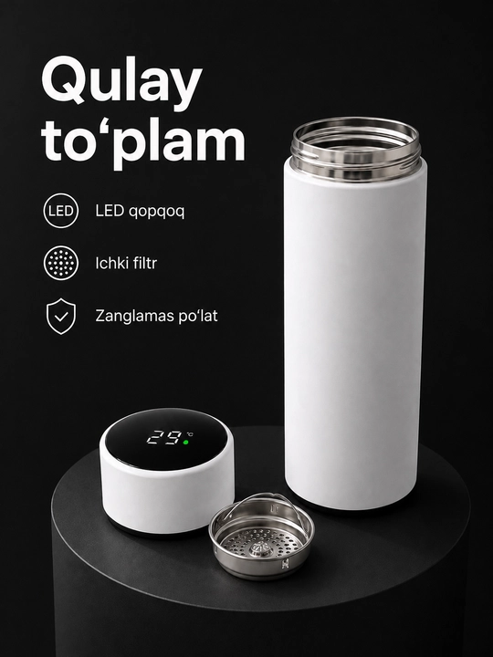 Aqlli termos, 500 ml, LED harorat indikatori bilan, po‘lat filtr bilan