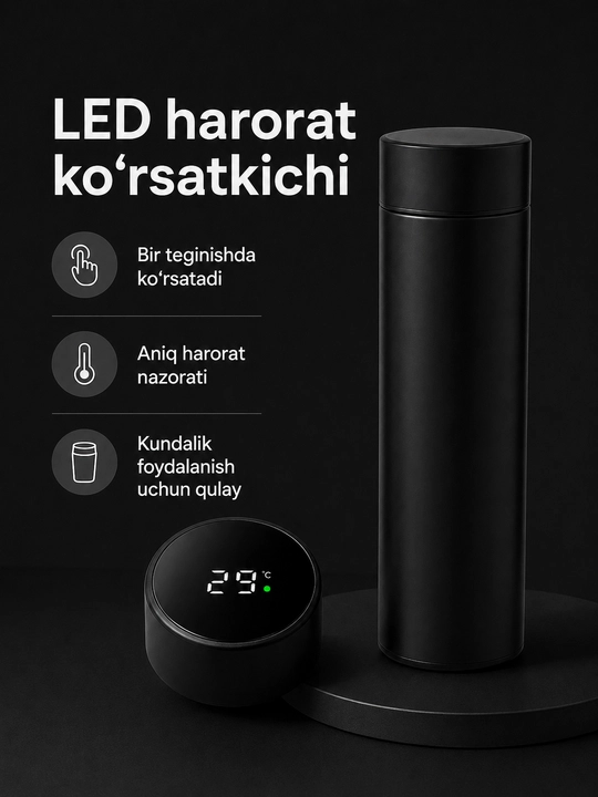 Aqlli termos, 500 ml, LED harorat indikatori bilan, po‘lat filtr bilan