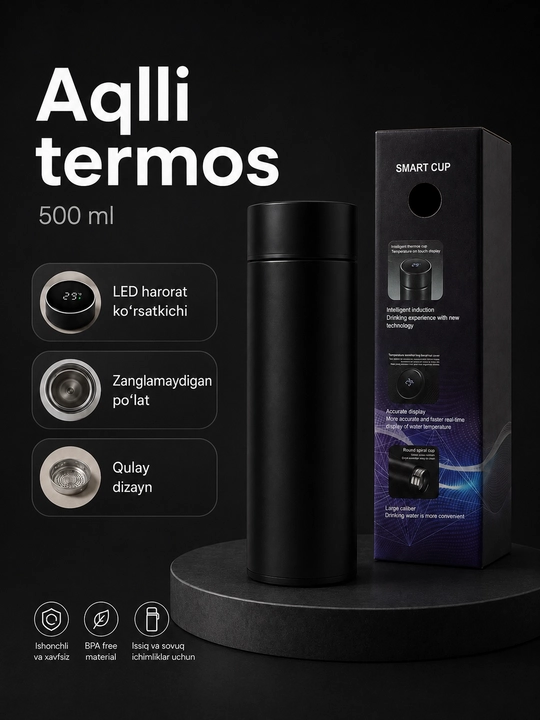 Aqlli termos, 500 ml, LED harorat indikatori bilan, po‘lat filtr bilan