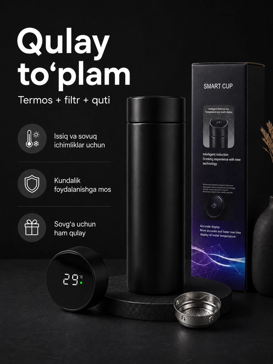 Aqlli termos, 500 ml, LED harorat indikatori bilan, po‘lat filtr bilan