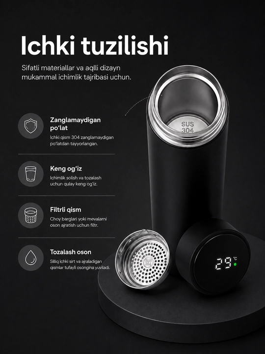 Aqlli termos, 500 ml, LED harorat indikatori bilan, po‘lat filtr bilan