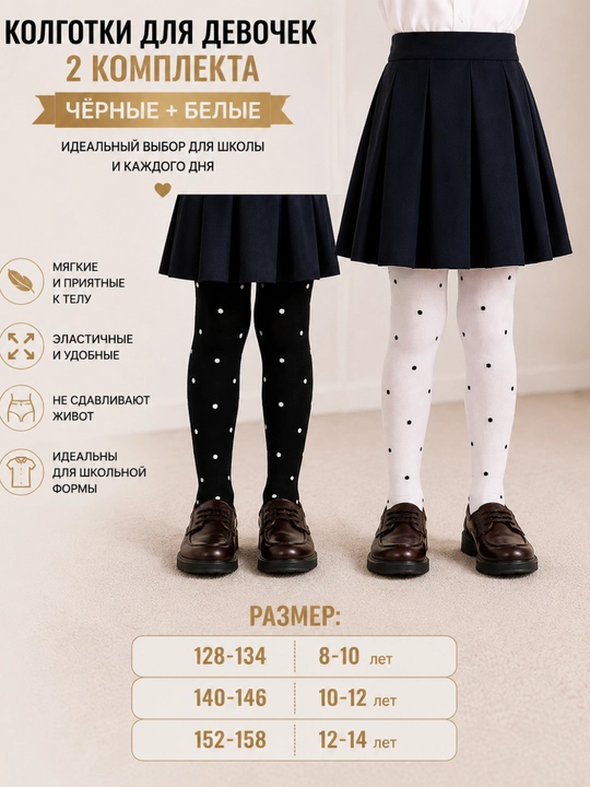 Колготки для девочек, белые колготки, чёрные колготки, школьная форма