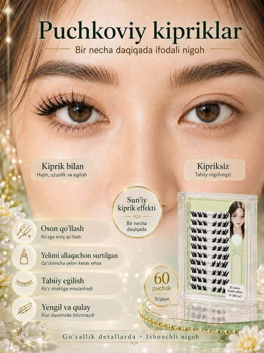 Lashes Doll o‘z-o‘zidan yopishuvchi tutam kipriklar, yelimsiz
