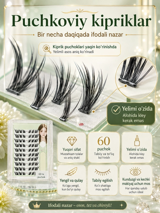 Lashes Doll o‘z-o‘zidan yopishuvchi tutam kipriklar, yelimsiz