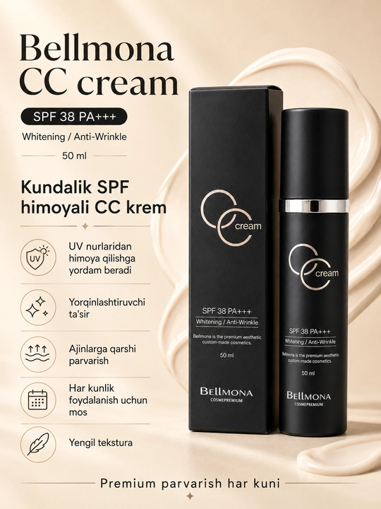 Крем для лица с осветляющим и антивозрастным уходом Bellmona CC Cream, SPF 38, PA+++, 50 м