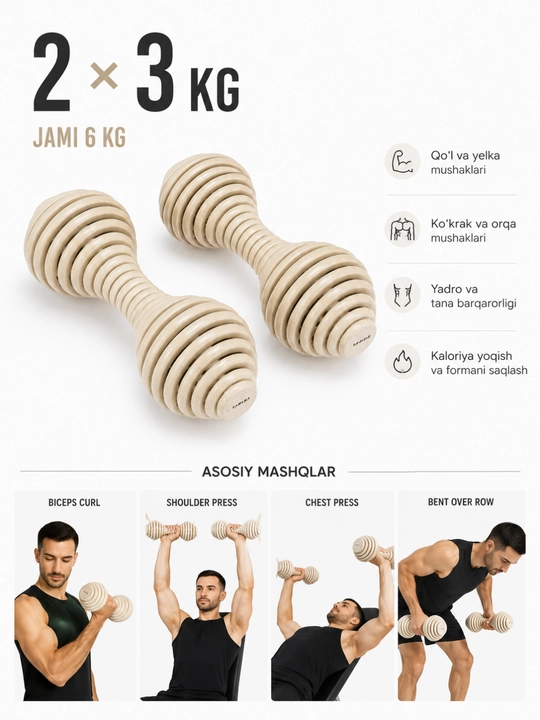 Gantellar to‘plami 3 kg dan 2 dona, jami 6 kg, uy va fitnes mashqlari uchun