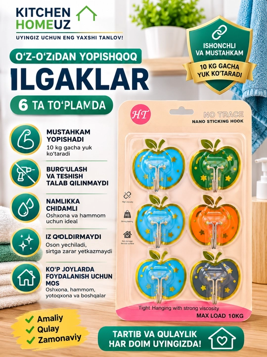 Meva shaklidagi o‘z-o‘zidan yopishadigan ilgaklar — 6 dona