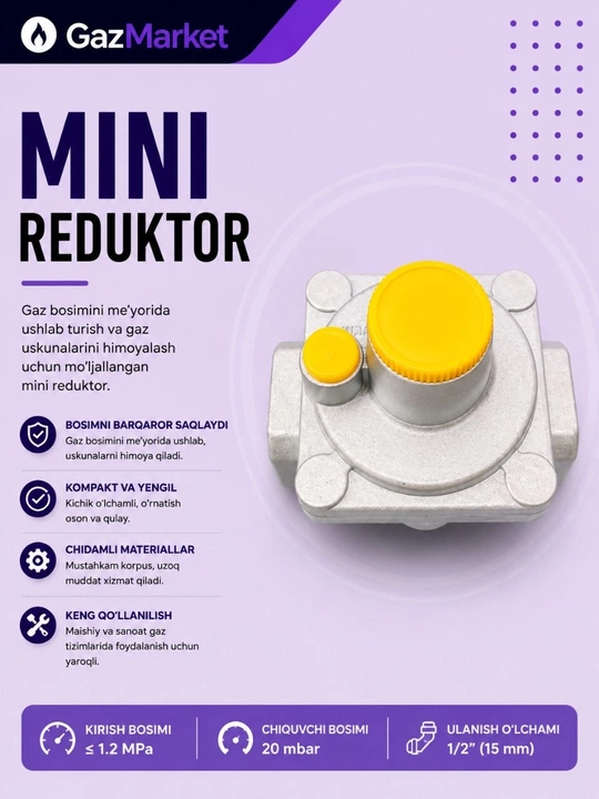 Мини редуктор для газа 1/2 - 20 мбар (Регулятор давления газа)