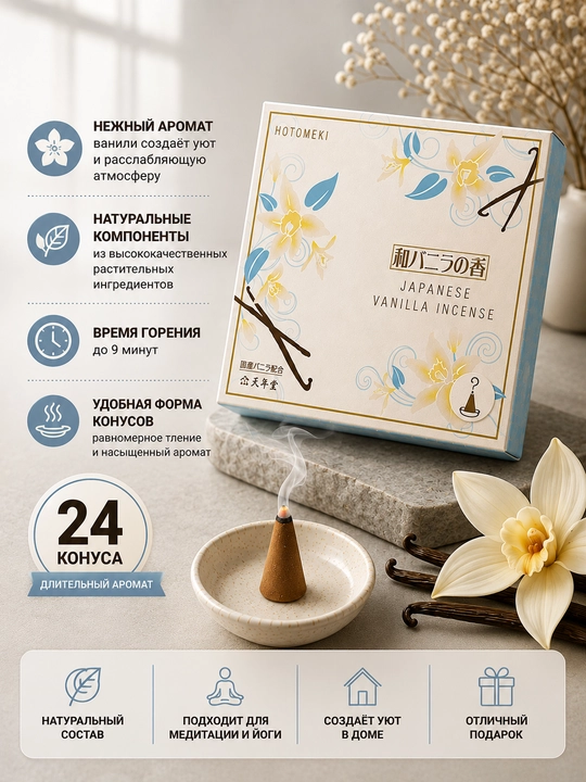 Yapon vanili aromatli xushbo‘y tutatqi HOTOMEKI, konussimon xushbo‘y tutatqilar, 24 dona