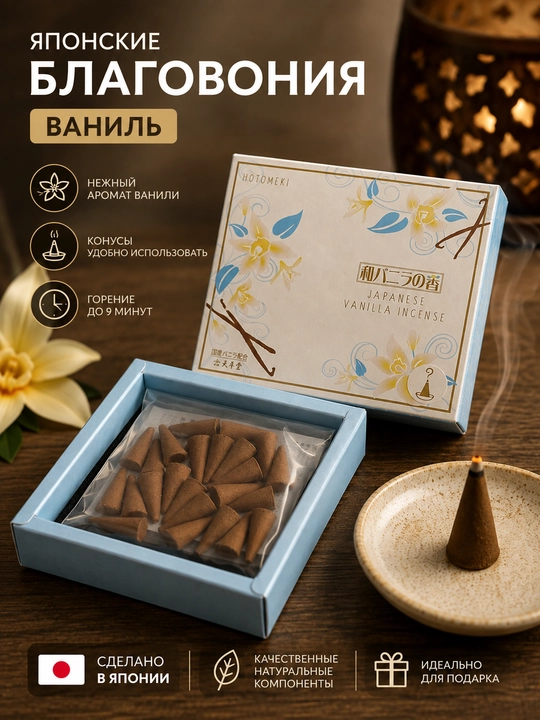 Yapon vanili aromatli xushbo‘y tutatqi HOTOMEKI, konussimon xushbo‘y tutatqilar, 24 dona - 