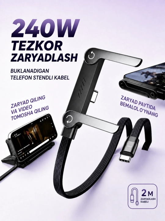 Кабель Type-C на Type-C 240W, быстрая зарядка, складная подставка для телефона, 2 м - 