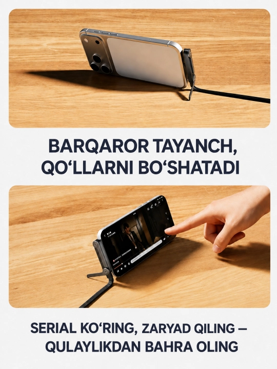 Type-C dan Type-C ga 240W tezkor zaryadlash kabeli, telefon uchun buklama stendli, 2 m