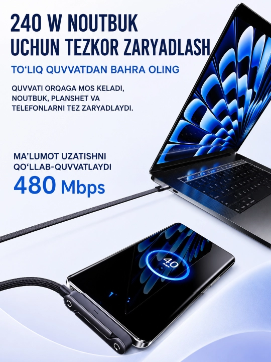 Type-C dan Type-C ga 240W tezkor zaryadlash kabeli, telefon uchun buklama stendli, 2 m