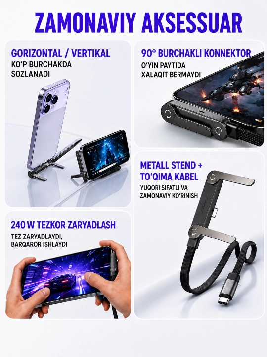 Type-C dan Type-C ga 240W tezkor zaryadlash kabeli, telefon uchun buklama stendli, 2 m
