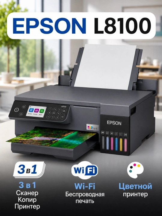 Цветной принтер EPSON L8050/L8100 EcoTank, Wi-Fi, 1 год гарантии
