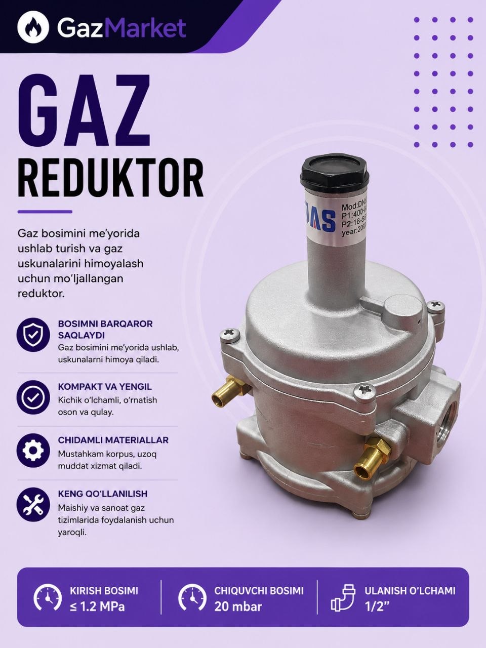 Gaz reduktori DN15 1/2 va DN20 3/4, 20 mbar Gaz bosimi regulyatori - 