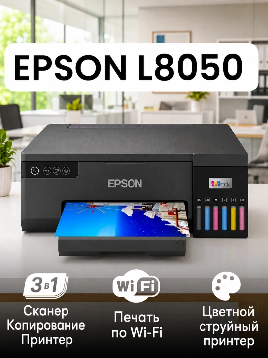 Цветной принтер EPSON L8050/L8100 EcoTank, Wi-Fi, 1 год гарантии