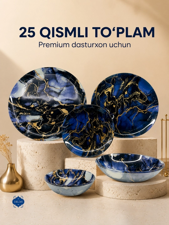 6 kishilik shisha idishlar to‘plami, likopchalar va salat idishlari, 25 ta buyum - 