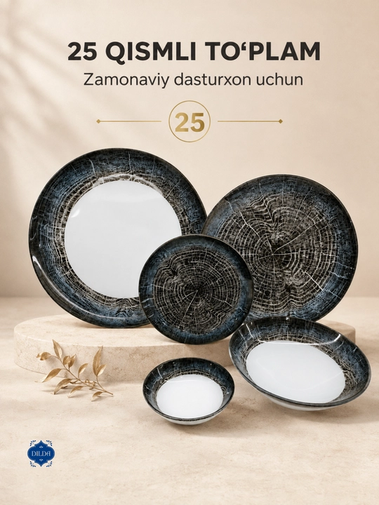 6 kishilik shisha idishlar to‘plami, likopchalar va salat idishlari, 25 ta buyum - 