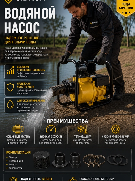 Водяной насос GIDROX DSU-100-4.0-23-90, 4 кВт, 90 м³/ч, напор 23 м