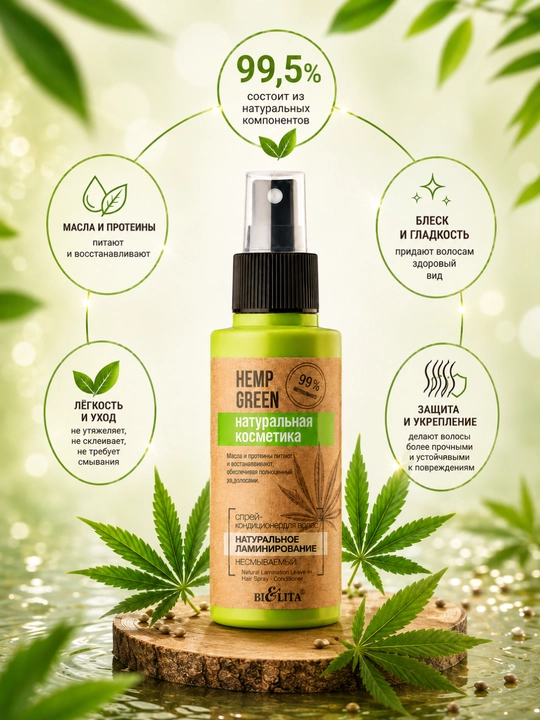 Спрей-кондиционер для волос Bielita Hemp green, натуральное ламинирование, 95 мл