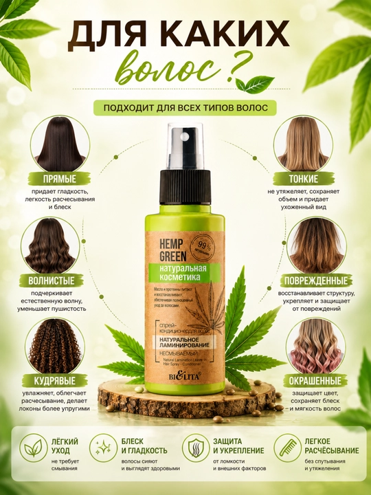 Спрей-кондиционер для волос Bielita Hemp green, натуральное ламинирование, 95 мл