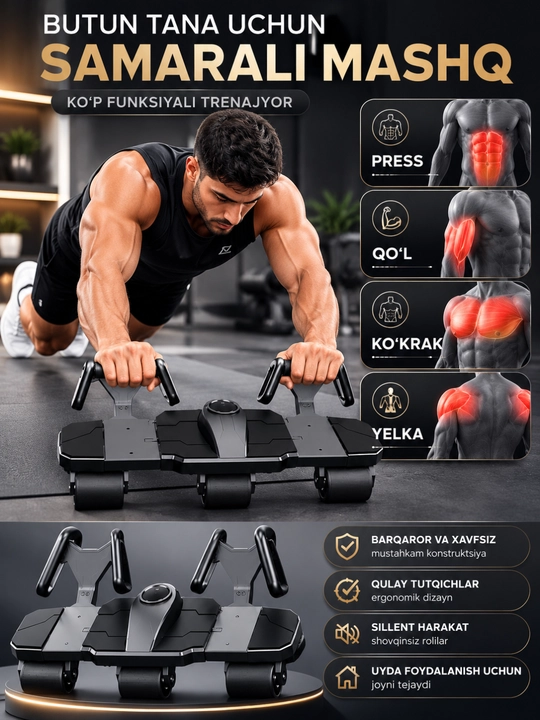 Press uchun rolik, ko‘p funksiyali fitness va qorin mushaklari uchun sport trenajyor