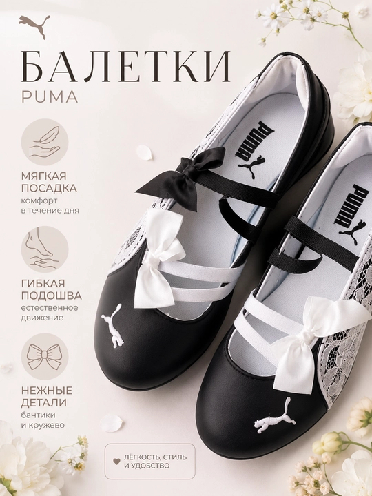 Школьные балетки Puma, для девочек, с мягкой подошвой, для учебы и прогулок - 